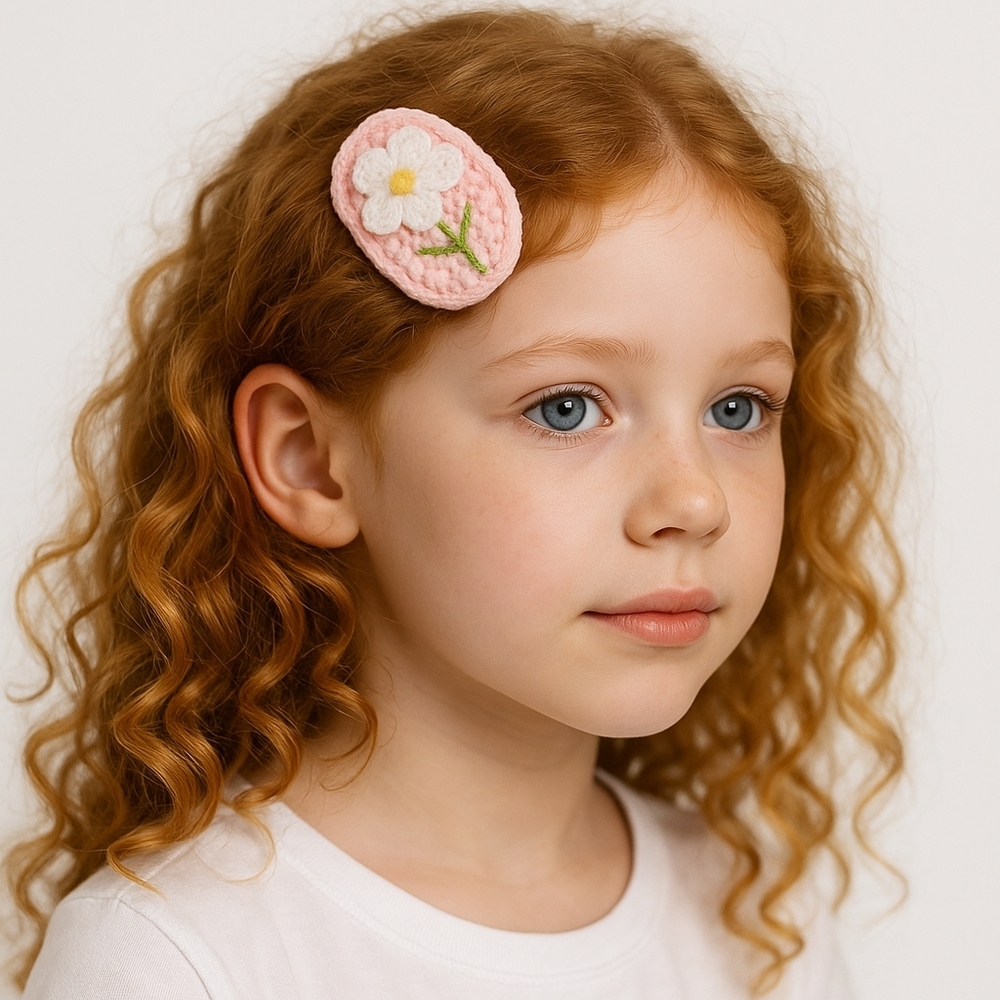 Hand Crafted Crochet Snap Hair Clip Pink and white Flower handmade embroidery